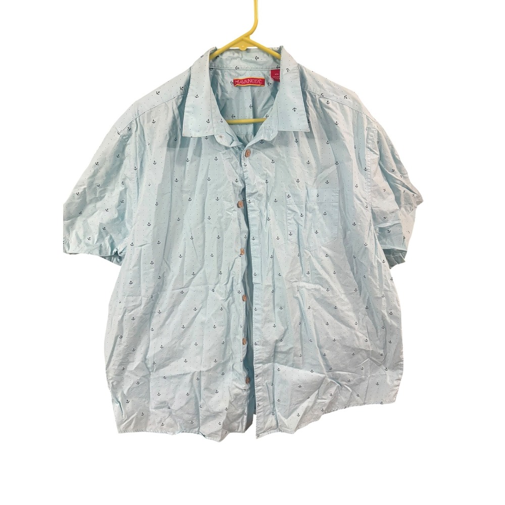 Havanera Co Mens XXL Light‎ Blue Anchor Print Short Sleeve Button Down Shirt